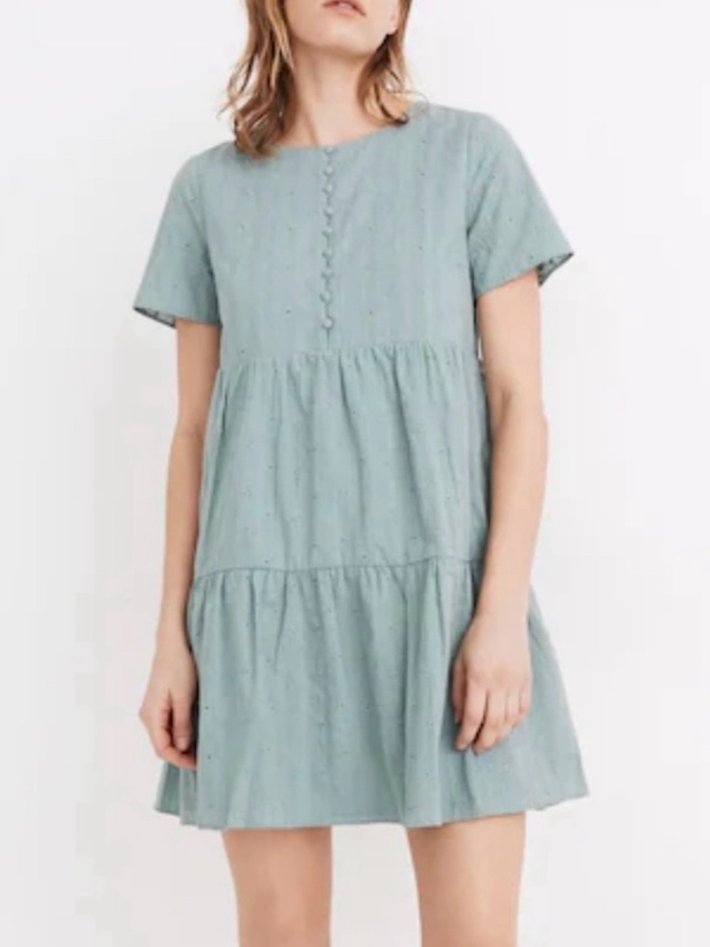 Madewell Eyelet Button Front Tiered Mini Dress Summer Breeze Green Petite SP